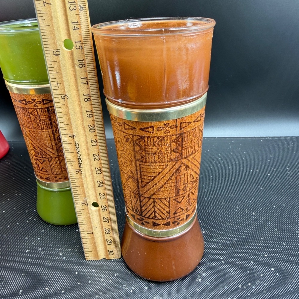 Vintage MCM Tiki Highball Glasses Genuine Mahogany Wood Wrap Set 6 Multi Color - Picture 2 of 15